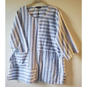 Gordon Smith Ladies US 14 AU 16 Blouse Blue White Striped Cotton Coastal Beachy